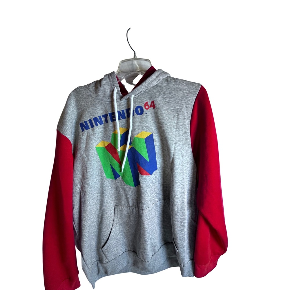 Nintendo 64 Hoodie XXL Gray Red Colorblock Graphic N64 Sweatshirt Mens
